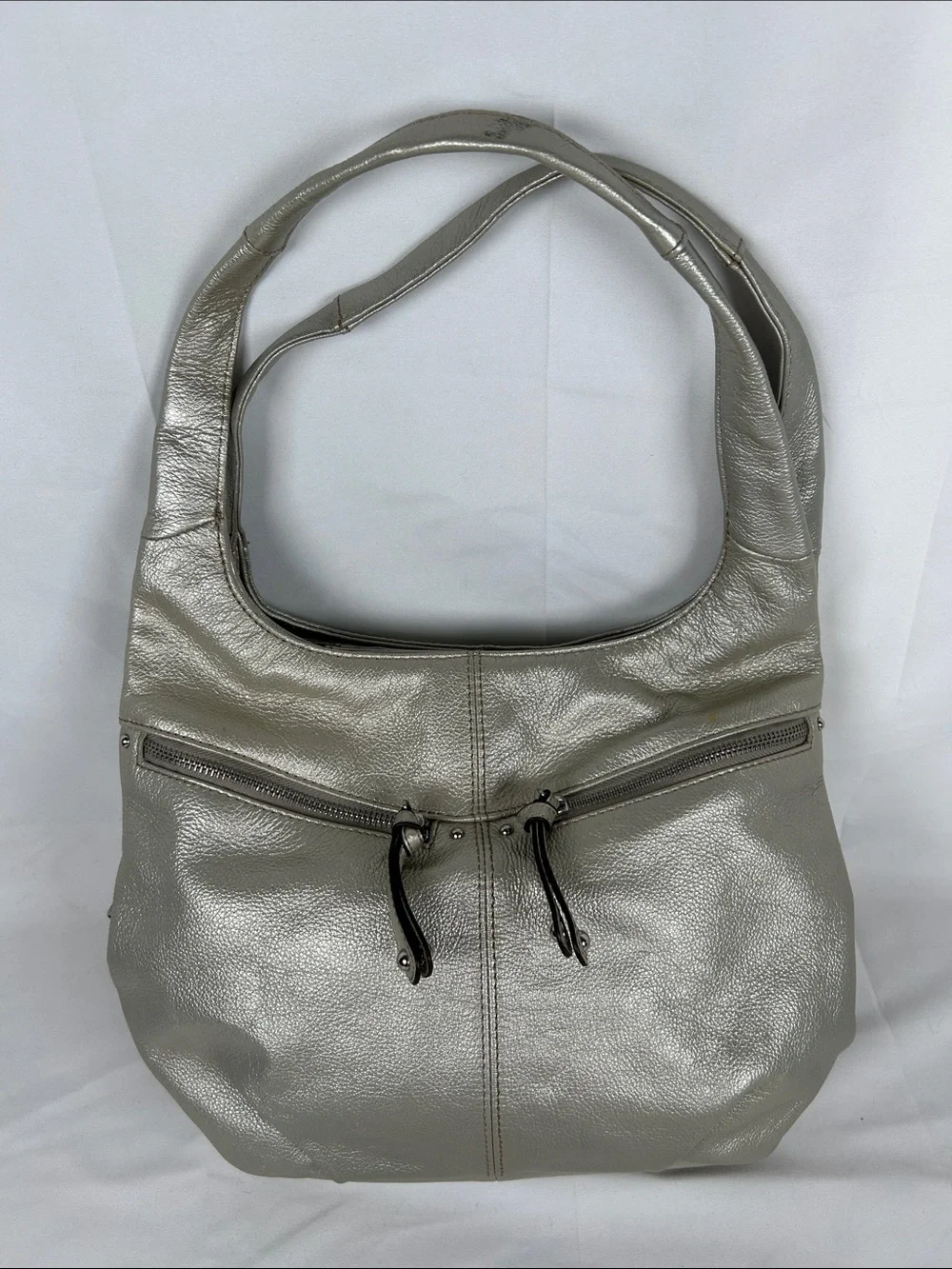 Tignanello Leather Metallic Silver Hobo Bag with Matching Wallet And Keyring
